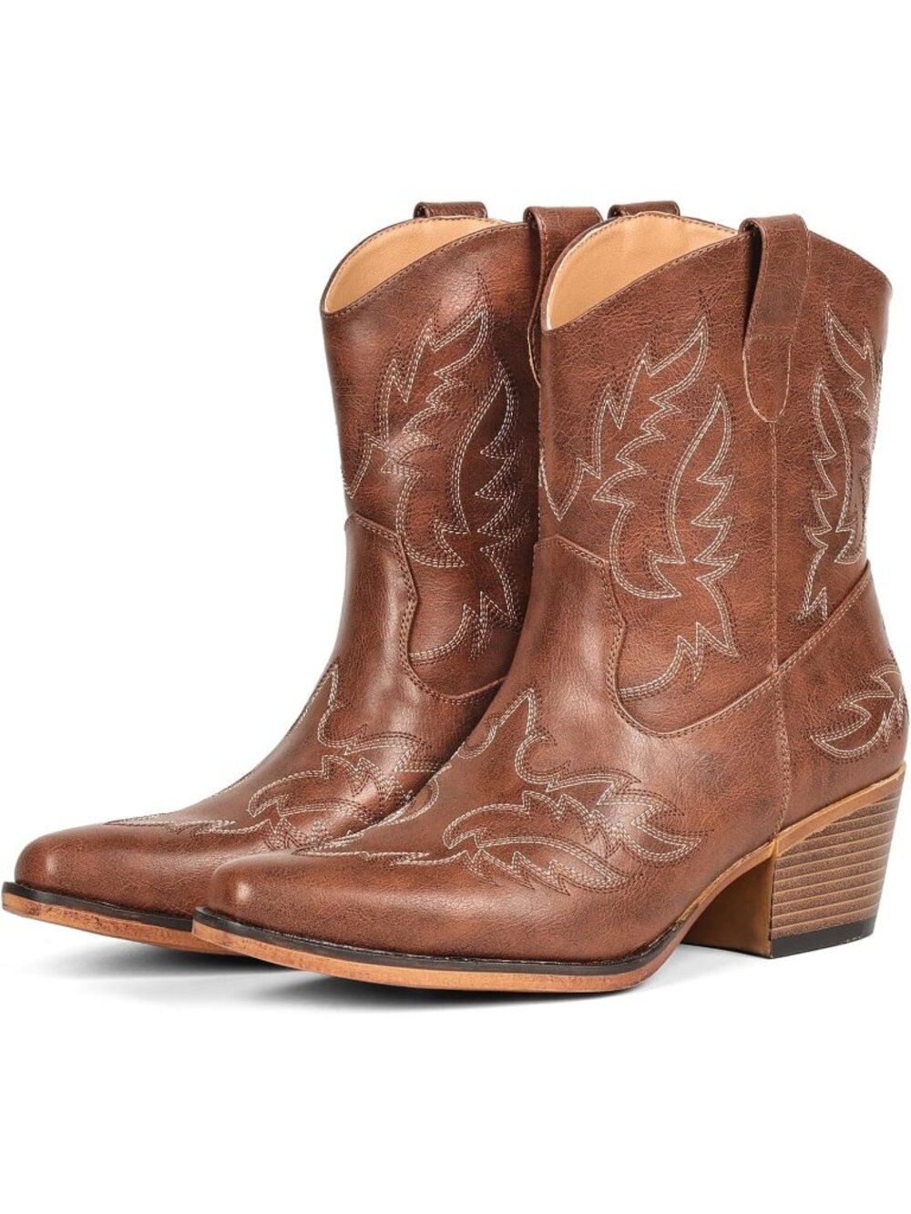 Women's Chocolate Pointed Toe Western Faux Leather Chunky Cowgirl Ankle Booties